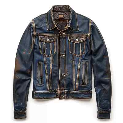 Trucker Leather Jacket For Men Real Lambskin Vintage Style Leather Jacket Blue