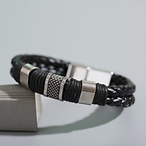2 Pcs Men's Stainless Steel Clasp Cuff Leather Braided Bangle Jewelry Wrist Band - Picture 12 of 77