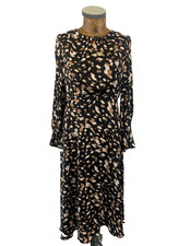 PRINCIPLES DRESS 10 BLACK CREAM Brown Shirt Cuff Shirring Neck Blouson Maxi Boho