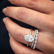 3.33Ct Oval Cut Simulated Diamond Engagement Trio Ring Set 14K White Gold Size 6