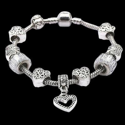 LOT of THREE (3) Heart Charm Beaded Bracelets Sterling Silver Size 6.5