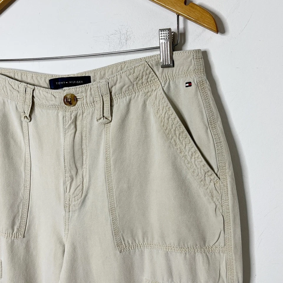 Tommy Hilfiger Mujer Pantalones Carga 8 Caqui Beige Pierna Ancha Chino Tiro Alto Retro Foto 4 de 4