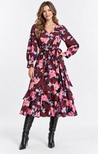 Caslon Women’s Burgundy Floral Midi Dress S Long Sleeve Ruffle Tie Waist NWT