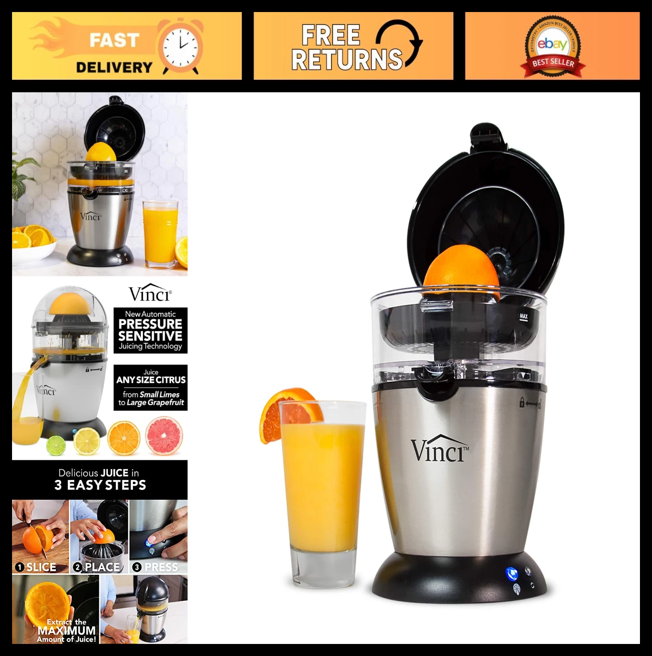 Hands-Free Electric Citrus Juicer - 1-Button Orange Lime Lemon Squeezer, Easy Cl