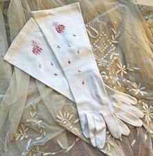 Vintage Embroidered Pink Roses Cotton Long Opera Length Gloves W Germany Size 7