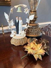 1930s 1940s Wedding Cake Topper Chalkware Bride and Groom Boutonniere