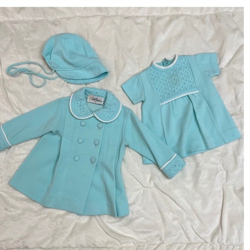 Little World VTG MCM Dress Coat Bonnet Set Baby Sz M Aqua Knit Easter Classic