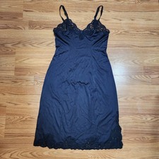Vtg Shadowline Lingerie Black Slip Babydoll Dress 36 Tall Modest Goth Coquette