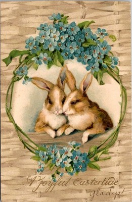 Antique Postcard Joyful Eastertide Brown Rabbits Forget Me Nots Undivided  c1907