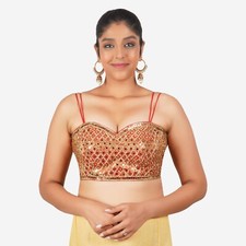 Indian Ethnic Red Strap Sleeveless Heavy Mirror Work Readymade Blouse For Women
