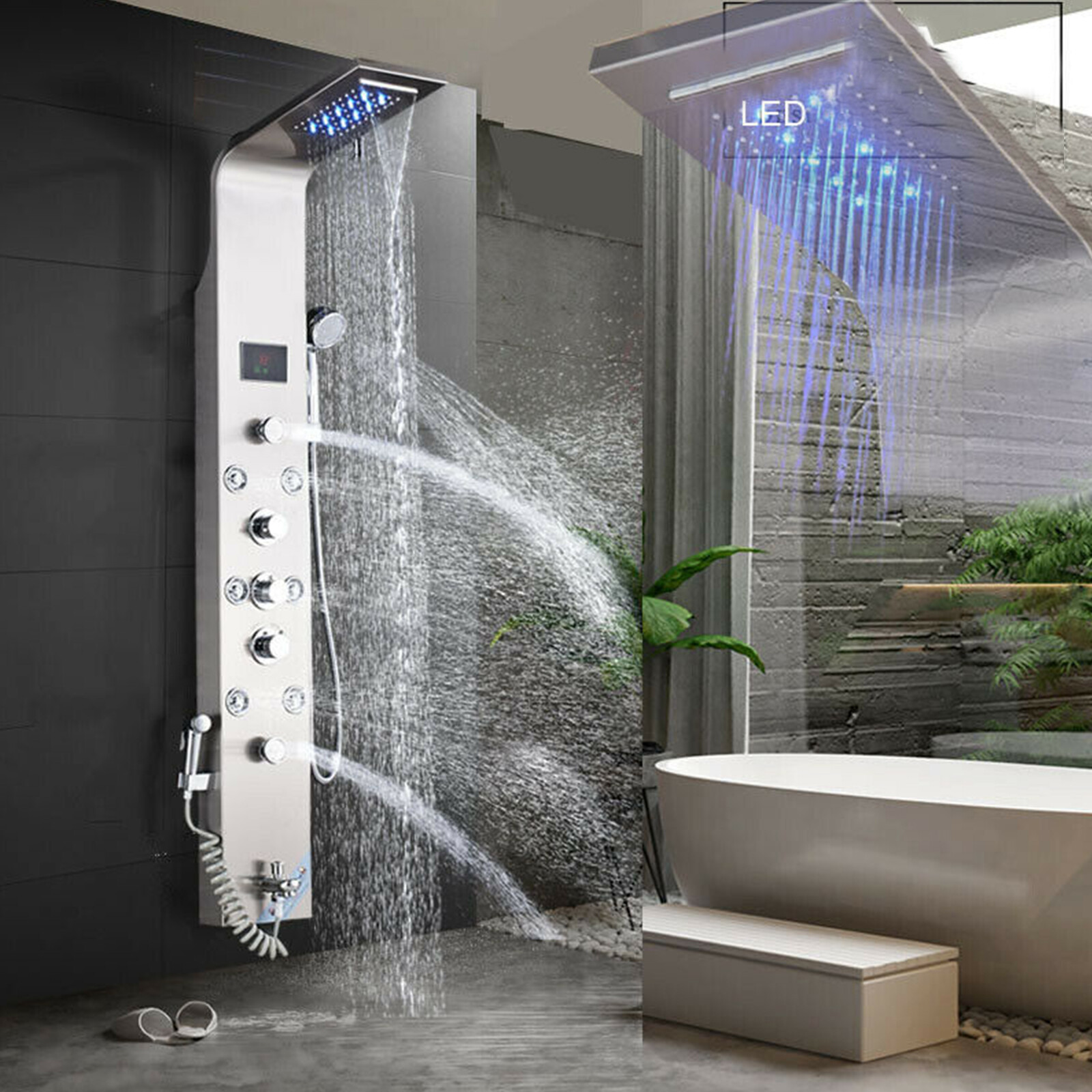 Stainless Steel LED Shower Panel Tower Rain&Waterfall Massage Body Jets System