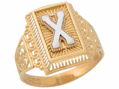 10k or 14k Two Tone Gold Letter X Filigree Band Ladies Rectangular Initial Ring