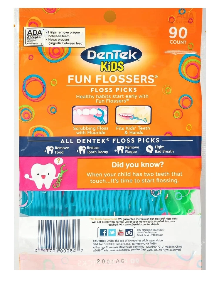Fio dental DenTek Kids Fun pacote com 6 75 unidades palitos de flúor sabor frutas silvestres - Imagem 2 de 4