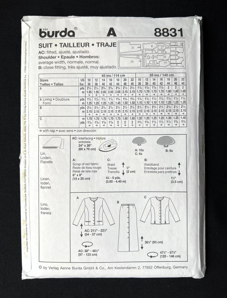 Burda 8831 Misses Jacket (2 Styles) and Skirt 2001 Pattern size 10-22 Uncut - Image 2 of 2