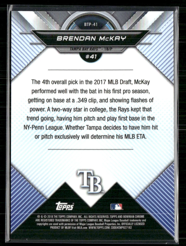 Brendan McKay 2018 Bowman Top 100 Orange Refractor 10/25 #BTP-41 - Image 2 of 2