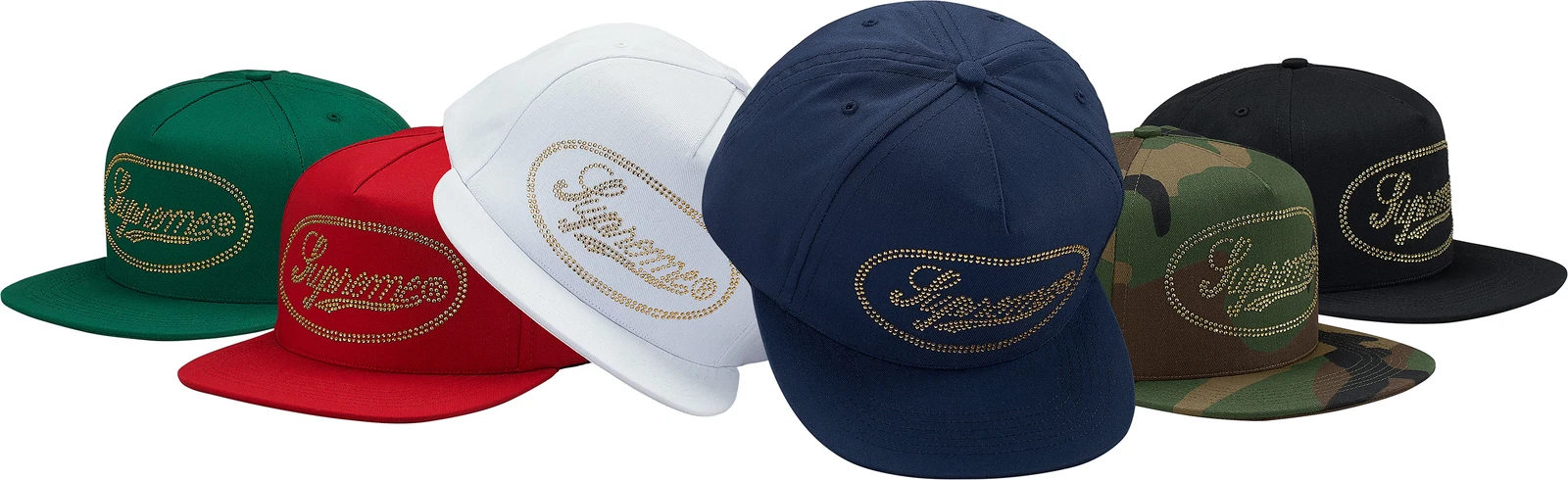 Logo script clouté suprême 5 panneaux casquette marine camouflage noir F/W 17