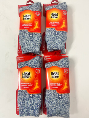 4 PAIR Heat Holders ORIGINAL Denim/Cream Crew Socks 7X Warmer