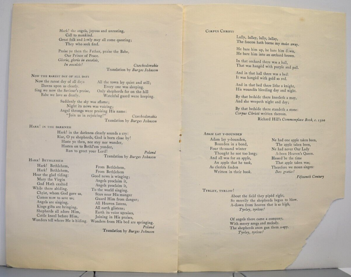 1944 The Christmas Music Choir Program Ednah Geer John Peirce Vassar ...