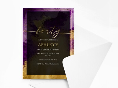 Personalisierte gold und lila Geburtstag Party Einladungen mit Umschlägen