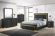 Modern Glam 4pc Queen Size Panel Bed Set Gold Black Finish Bedroom Furniture