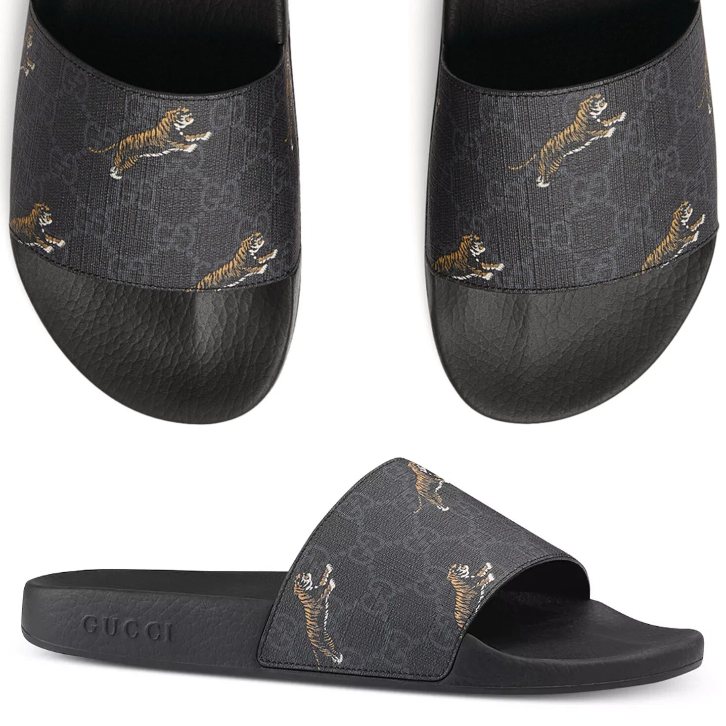 CHAUSSURES GUCCI HOMMES GG SUPREME TOILE LOGO TIGRE SLIDES SANDALES 9/9,5 US