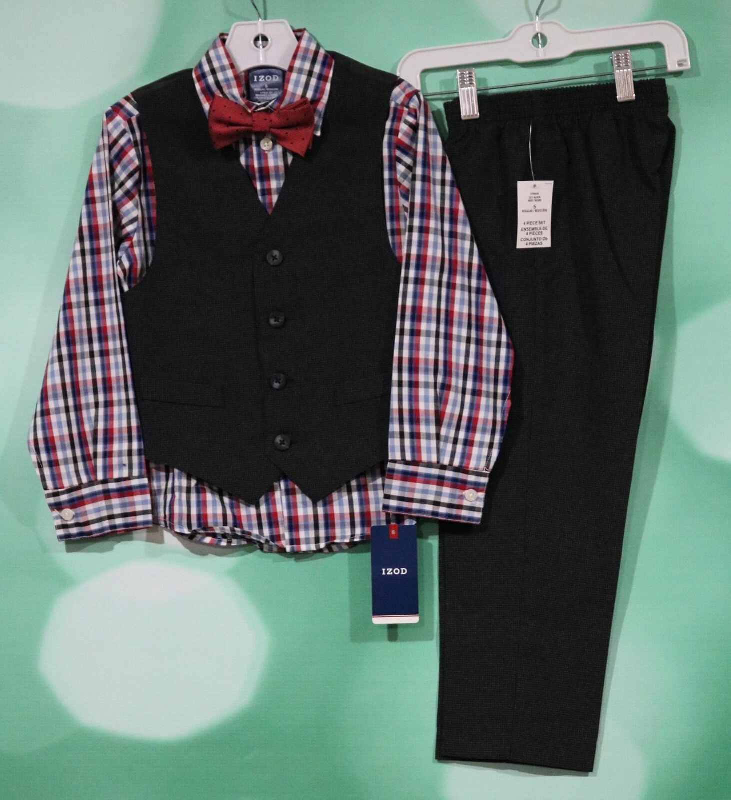 Izod Size 5 Boys 4 Piece Black Micro Tick Vest Set Suit MSRP $54.50