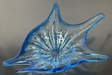 Murano Style Solid Pulled Blue Art Glass Fish Decorative Bowl 13.5"x 10"x 3"