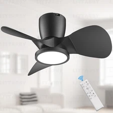 24" Black Ceiling Fan with Light & Remote, Dimmable Modern Flush Mount