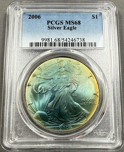 2006 American Silver Eagle S$1 - PCGS MS68 - Blue/Purple Dual Side Toning