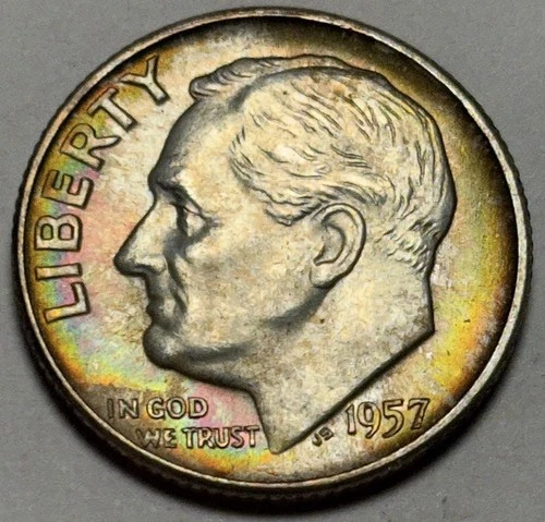 1957-D Roosevelt Silver Dime — Uncirculated MS Toned 🌈 Original