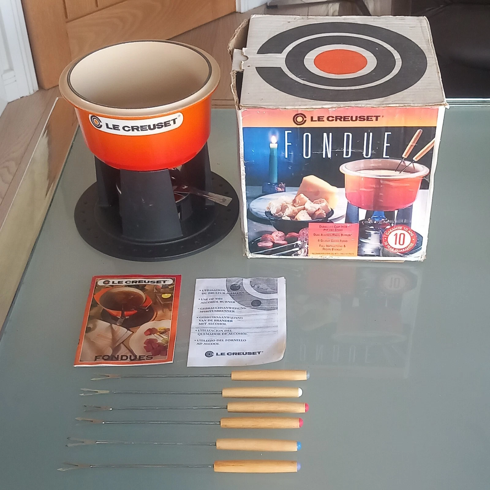 LE CREUSET VOLCANIC ORANGE Cast Iron FONDUE Set Pot Stand, 6x Skewers.BOXED
Opens in a new window or
