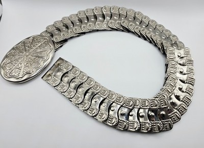 Vtg 70s 80s Silver Tone Metal Fish Scale Stretch Belt Ornate Boho Oval Buckle