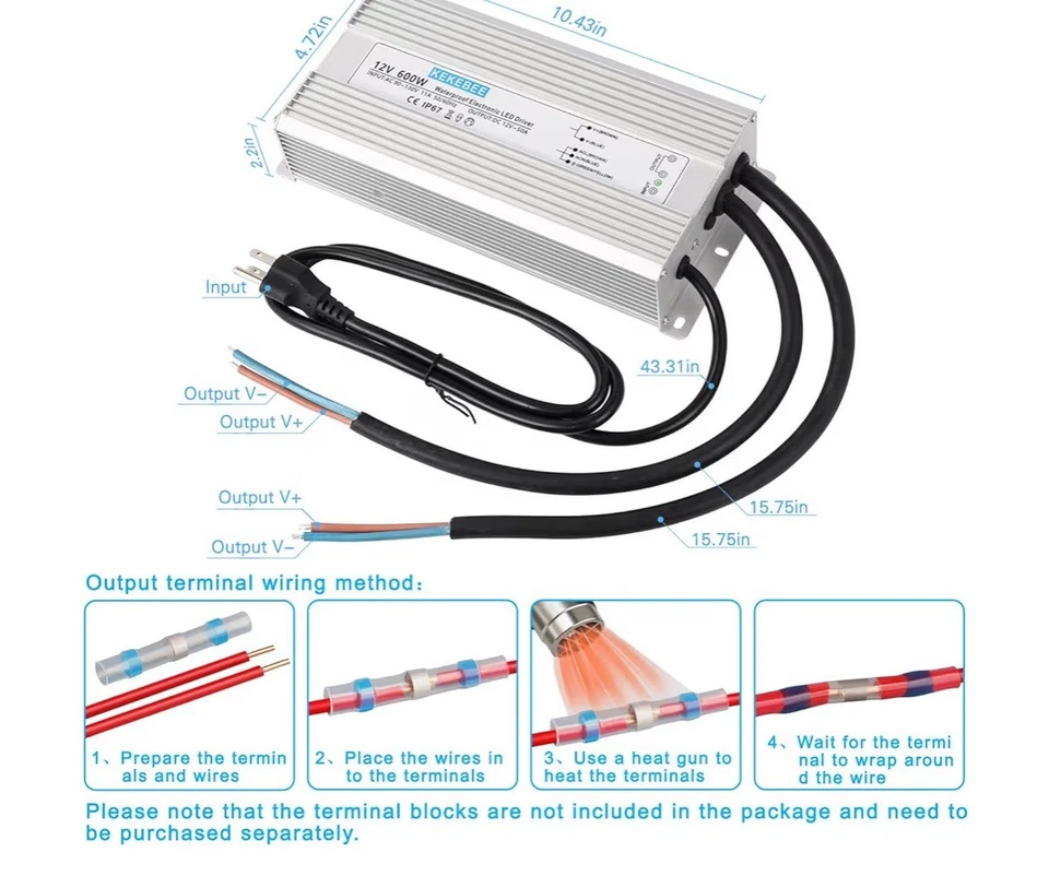 Waterproof Electronic 12V 600W LED Driver 110/120V AC to 12V DC Transformer 50A - Image 3 of 4