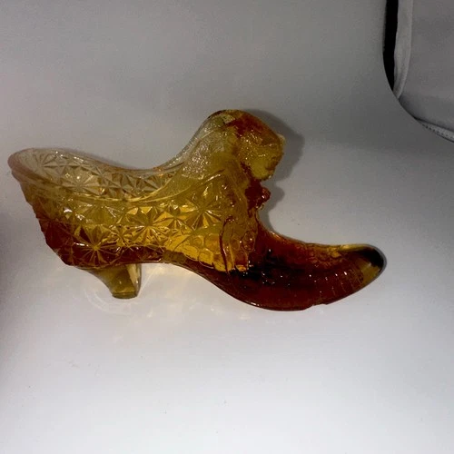 Vintage Fenton Amber Slipper Daisy & Button Cat Head Glass Holder 5.5 in.