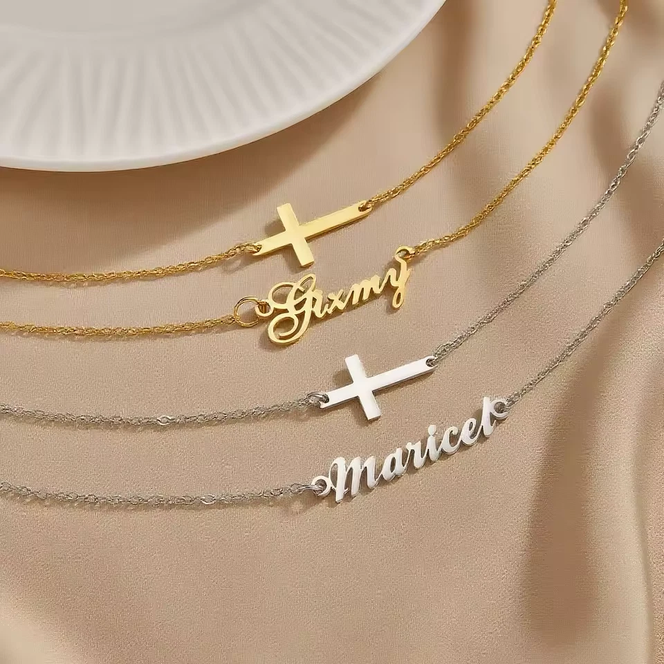 Collar Cruz Nombre Personalizado Doble Capa Cadena Colgante Joyería Acero Inoxidable Foto 2 de 4