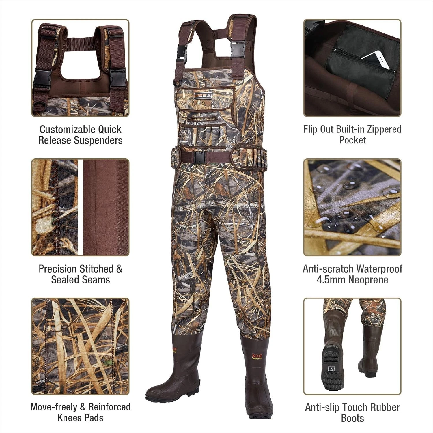 HISEA Men's Neoprene Chest Waders Bootfoot Insulated Waterproof Size 12 Camo