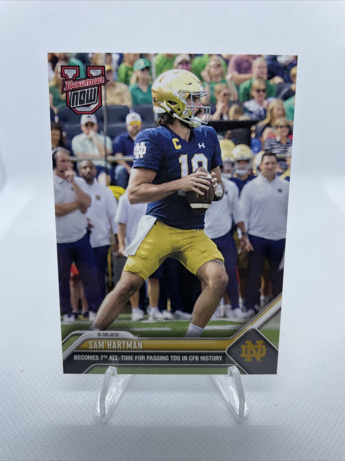2023 BOWMAN U NOW 4 SAM HARTMAN NOTRE DAME 7th ALL TIME FOR PASSING TDs IN HAND