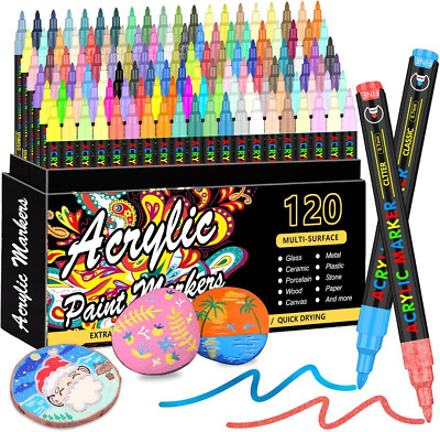 120 Colors Acrylic Paint Markers, Extra Fine Tip Paint Pens for Rock Painting, C