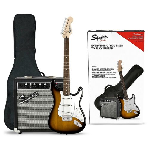 Squier Stratocaster Electric Guitar Pack with Fender Frontman Amp Brown Sunburst - Picture 1 of 8