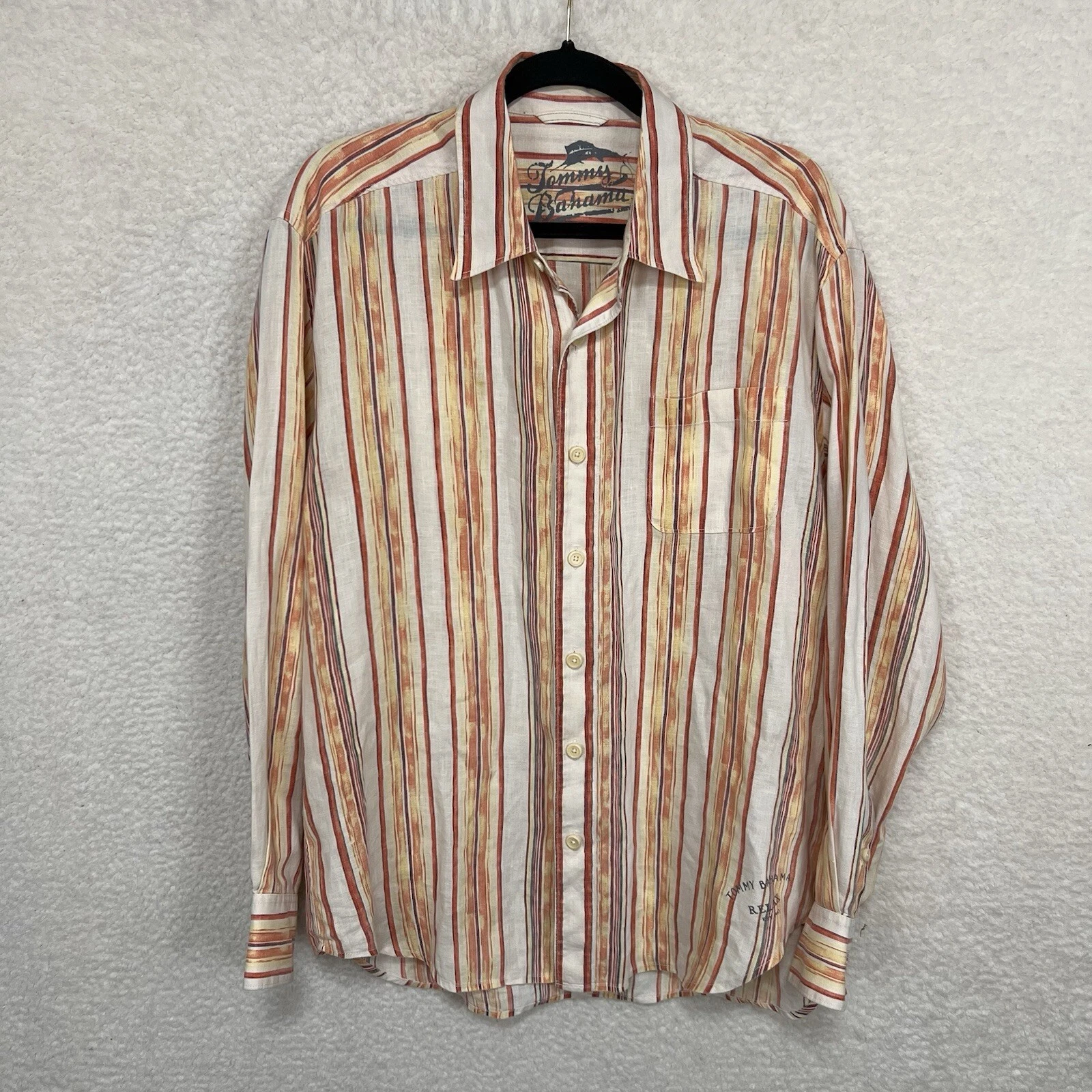 Tommy Bahama Linen Shirt Men’s L Orange Red Striped Relax Button Up Long Sleeve