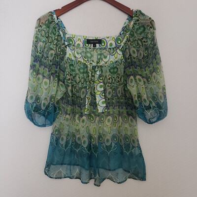Karen Kane 100% Silk Blue Green Boho Peasant Sheer Blouse. Size S. Geometric