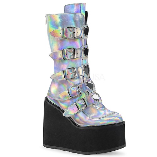 Demonia Women's Swing 230 Platform Mid-Calf Boot, Size: 9, Silver Hologram Vegan Leather