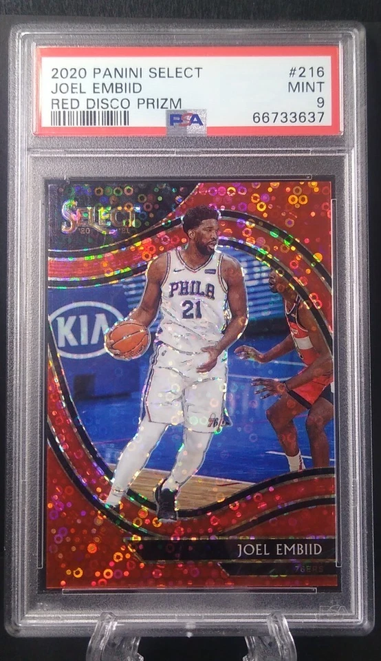 2020 Panini Select #216 Joel Embiid Color Match /49 Red Disco Prizm PSA 9 - Image 2 of 4