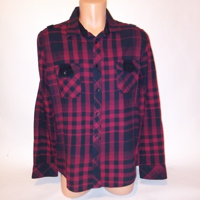 basic editions dress shirts Basic Editions Mens Button Down Shirt Large Black Red Plaid Long Sleeve New