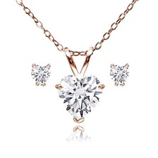 AAA Cubic Zirconia Heart Rose Gold Plated Silver Stud Earrings  Necklace Set
