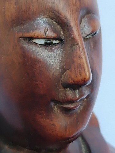 GUANYIN KWAN-YIN Carved Wood Statue Buddhist Boxwood GLASS EYES Qing Dynasty 16"