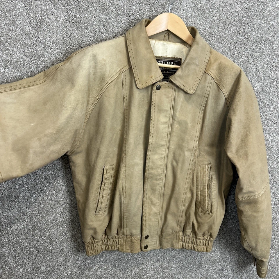 Vintage Beige Leather Jacket Men’s Size Medium Full Zip Chamra Of California - Image 3 of 4