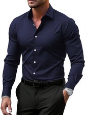 Men's Solid Long Slim Fit Dress Shirt Business Work Casual Button Down Shirt