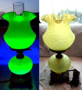 FENTON/WRIGHT"XMINTY"DAISY&FERN"3wy"LAMP"VASELINE"TOPAZ OPALESCENT GLASS"VTG~50s