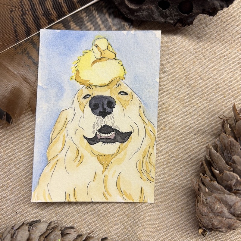 Original ACEO AmberInWatercolor Cute Dog Duck Animal Puppy Golden Retriever